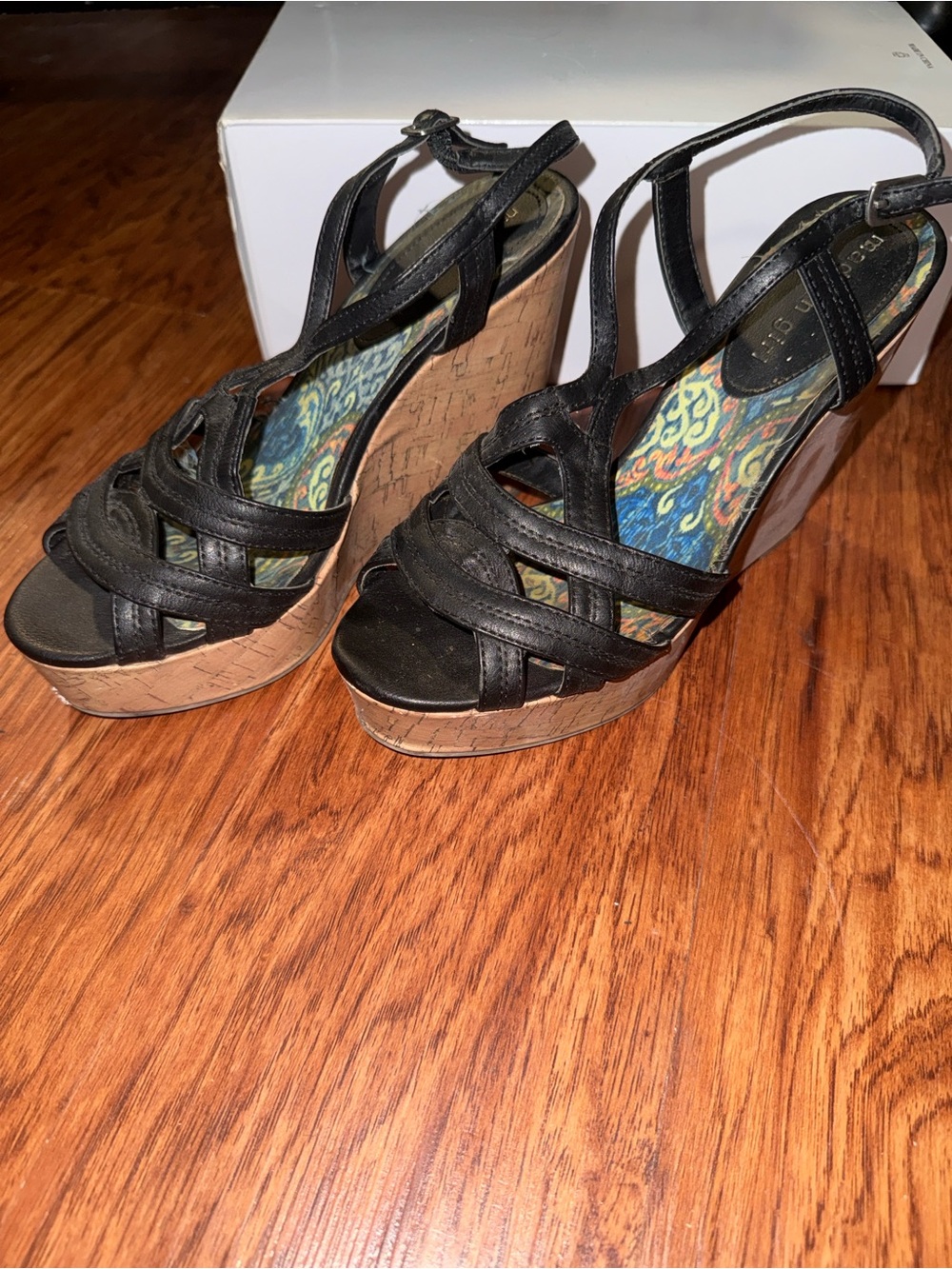Madden Girl Black Strappy Cork Wedge Sandals